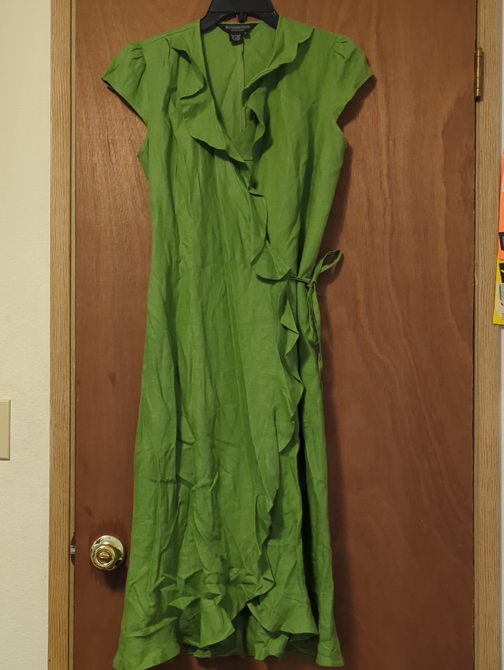 J. Peterman Lime Green Ruffle-Front Wrap Maxi Dress with Cap Sleeves